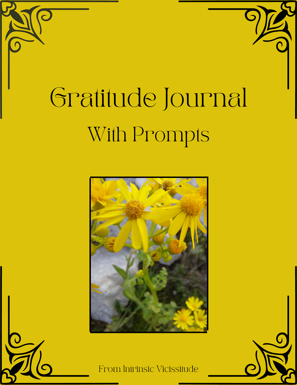 Gold and yellow cover of the Gratitude Journal With Prompts from Intrinsic Vicissitude.