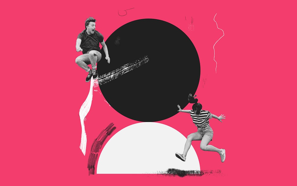 An artwork representing a man and a woman jumping. It has a pink background with a black circle and a white half-circle.
