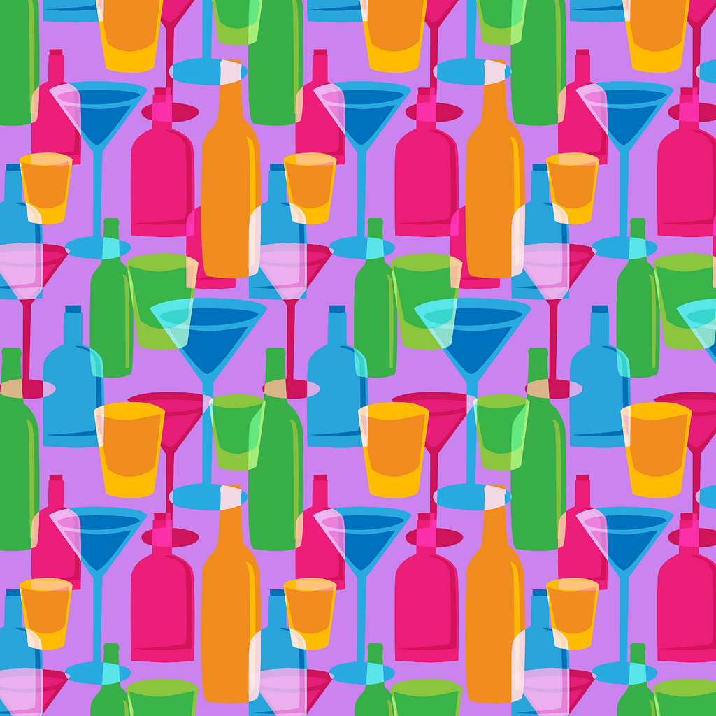 An illustration with vibrantly coloured images of alcohol-related items like shot glasses, a martini glass, and bottles.