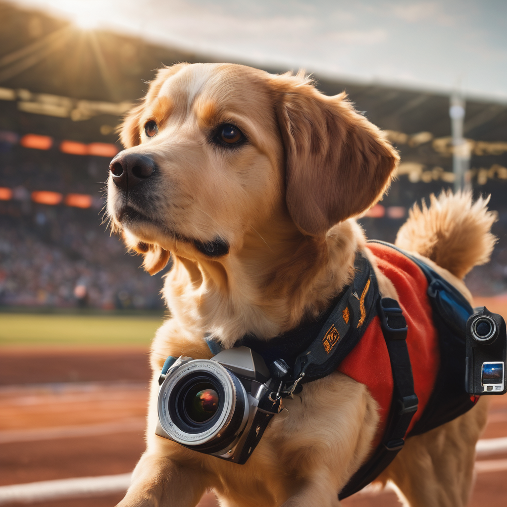 A dog with a camera attending a sports event