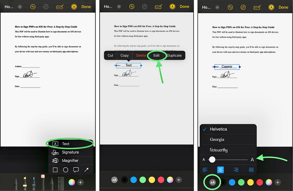 Screenshots Illustrating How to Add Text to a Signed PDF.