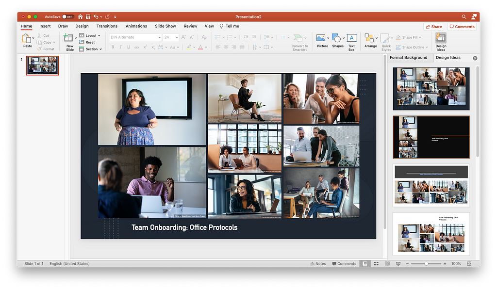 Using multiple stock photos on a single Powerpoint slide can quickly become visually messy — the Design Ideas column on the right will automatically generate tidier grid formats to fit your images into.