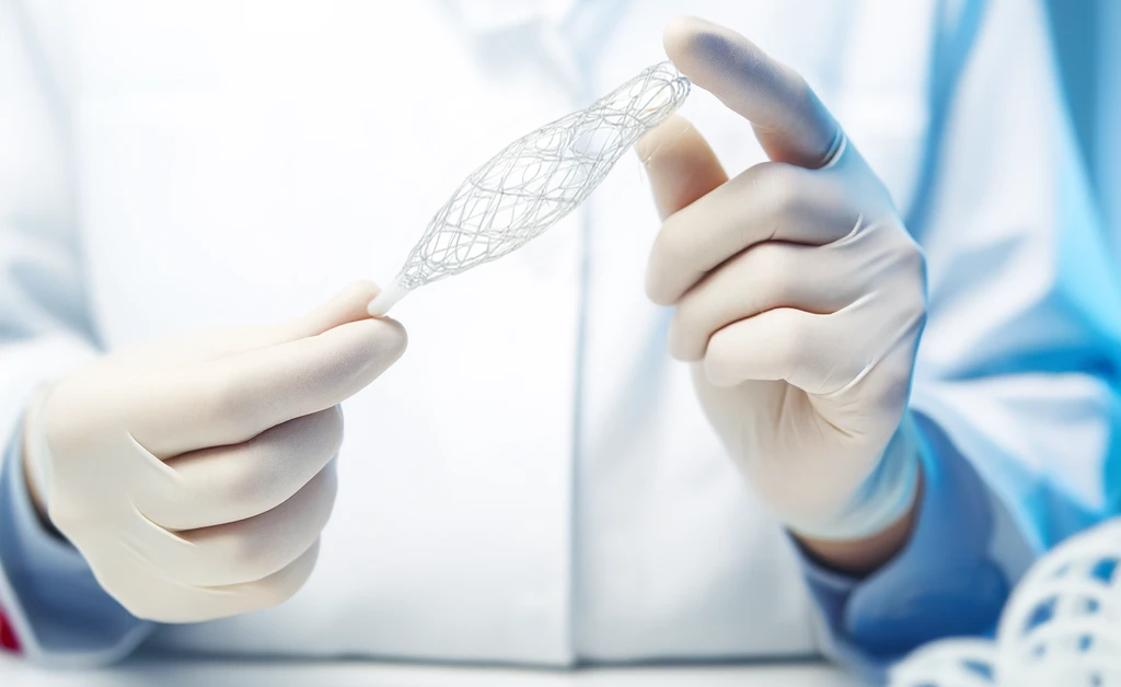 A healthcare professional wearing sterile gloves carefully examines a coated mesh-like stent, showcasing the precision of medical device coatings.