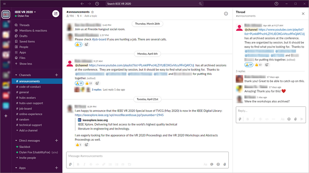 Screenshot of IEEE VR 2020 Slack showing users chatting, reacting to messages, and forming a message thread