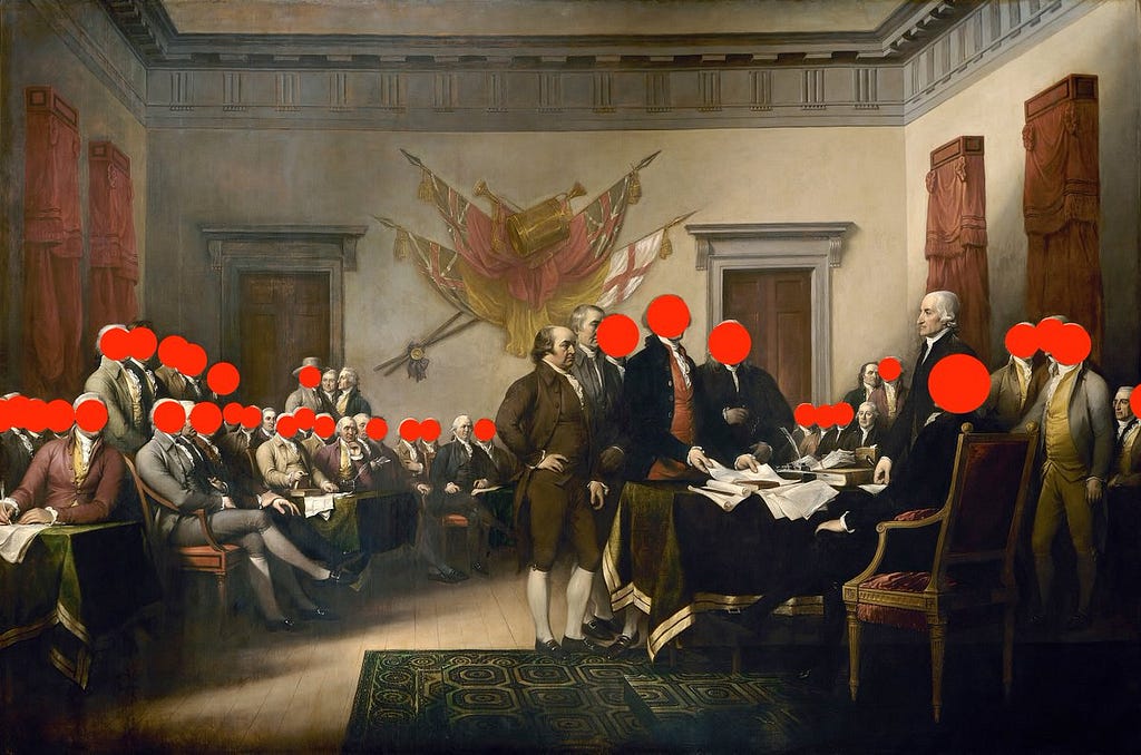 A historic painting of the Continental Congress with red dots covering the faces of most of the individuals depicted.