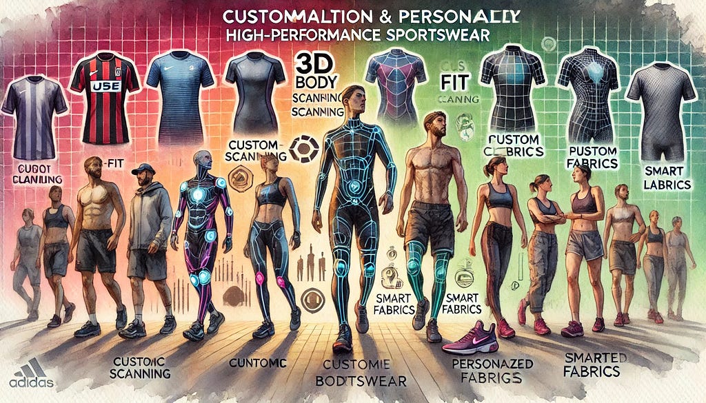 Here’s a watercolor painting illustrating the importance of customization and personalization in high-performance sportswear. On the left, athletes wear generic sportswear, while on the right, advancements in customized and personalized gear are depicted. The painting highlights technologies like 3D body scanning, custom-fit clothing, personalized designs, and smart fabrics that adapt to individual needs. The background transitions from a uniform look to a more diverse and tailored appearance, e