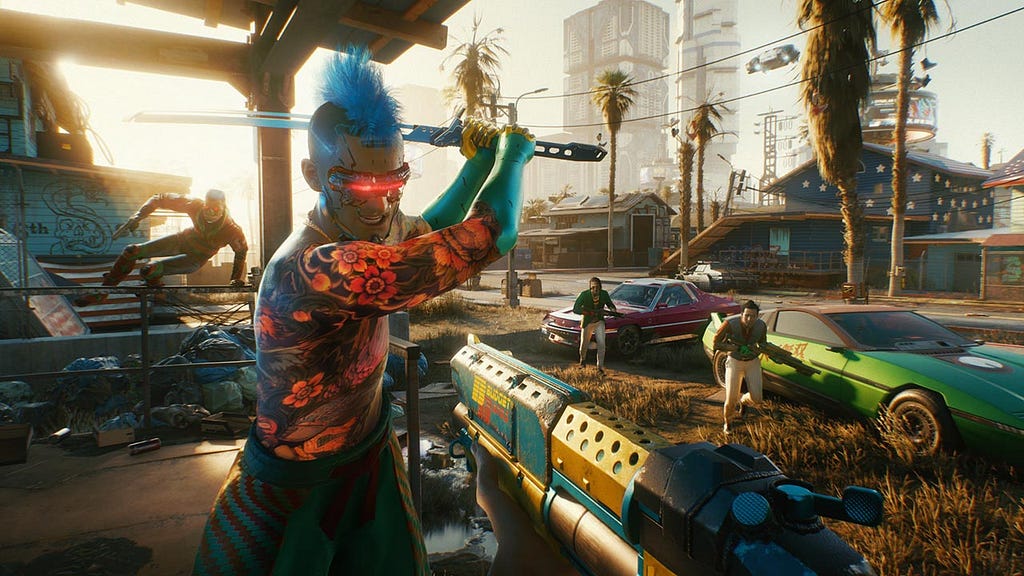 Cyberpunk 2077 image. Enemy is attacking player character with a sword wile others join the fray.