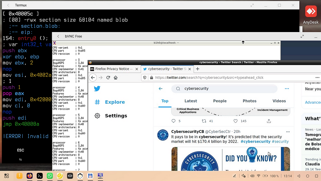 Ejecución de varias aplicaciones simultáneas, Termux, conexion VNC a distro Linux en UserLAnd y Firefox.