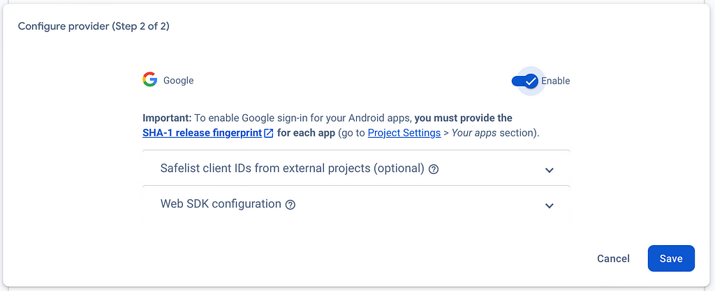 Enable Google provider in Firebase console.
