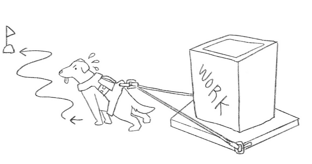 A hand-drawn illustration of a dog trying to pull a sled with a box labelled “work” on it
