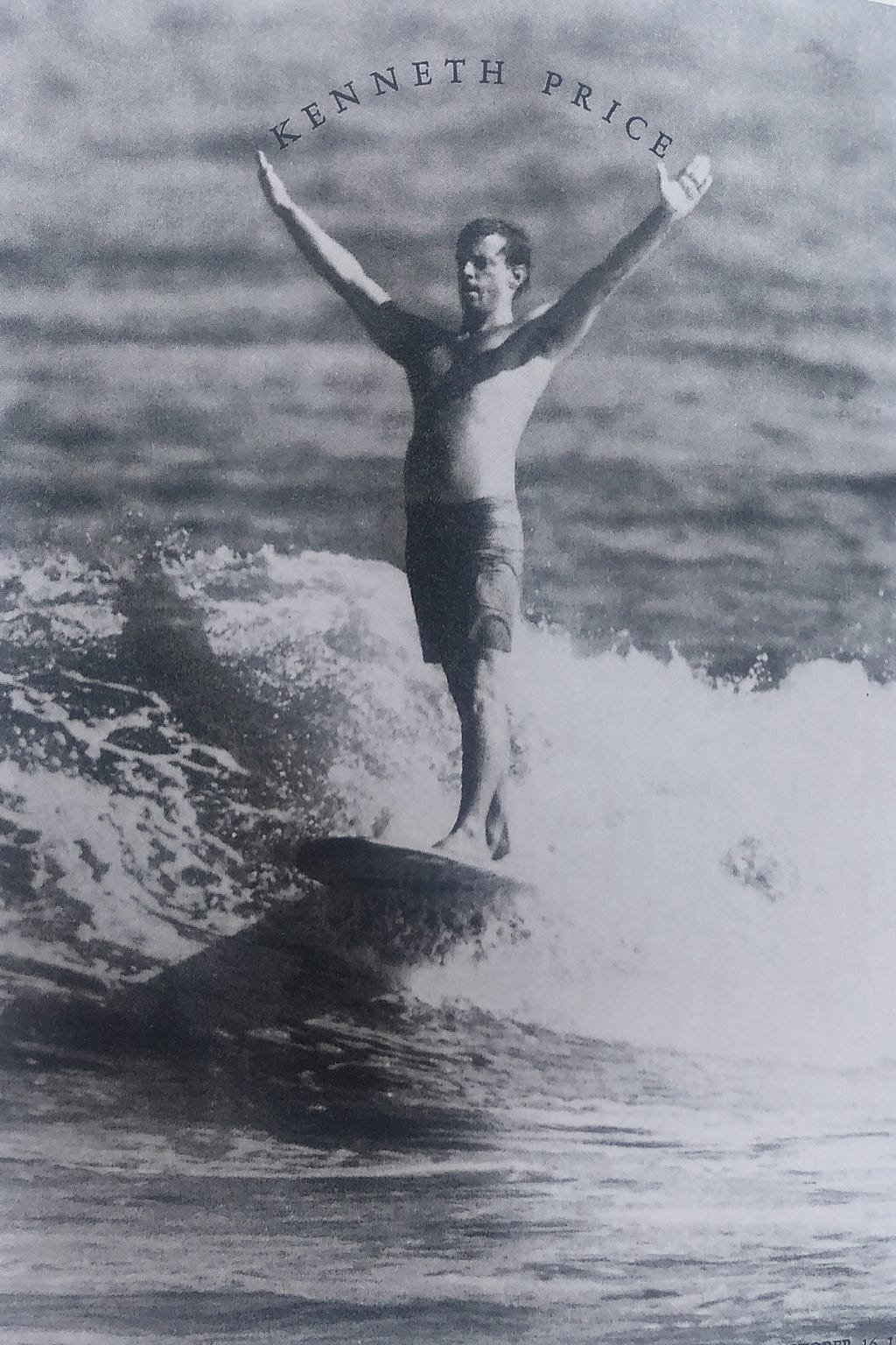Kenneth Price is featured surfing with out spread arms on the invitation to his exhibit at Ferus Gallery in 1961.