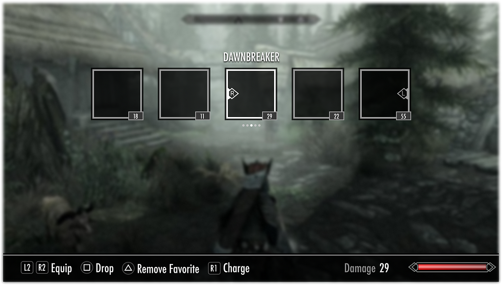 3rd person perspective of the player is blurred slightly with an interface overlay on top allowing the user to switch weapons