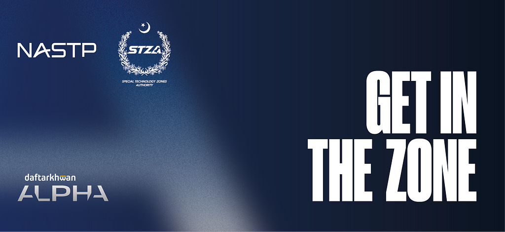 A blue banner with the text “Get in the Zone” and the logos for Daftarkhwan | Alpha, NASTP and STZA.