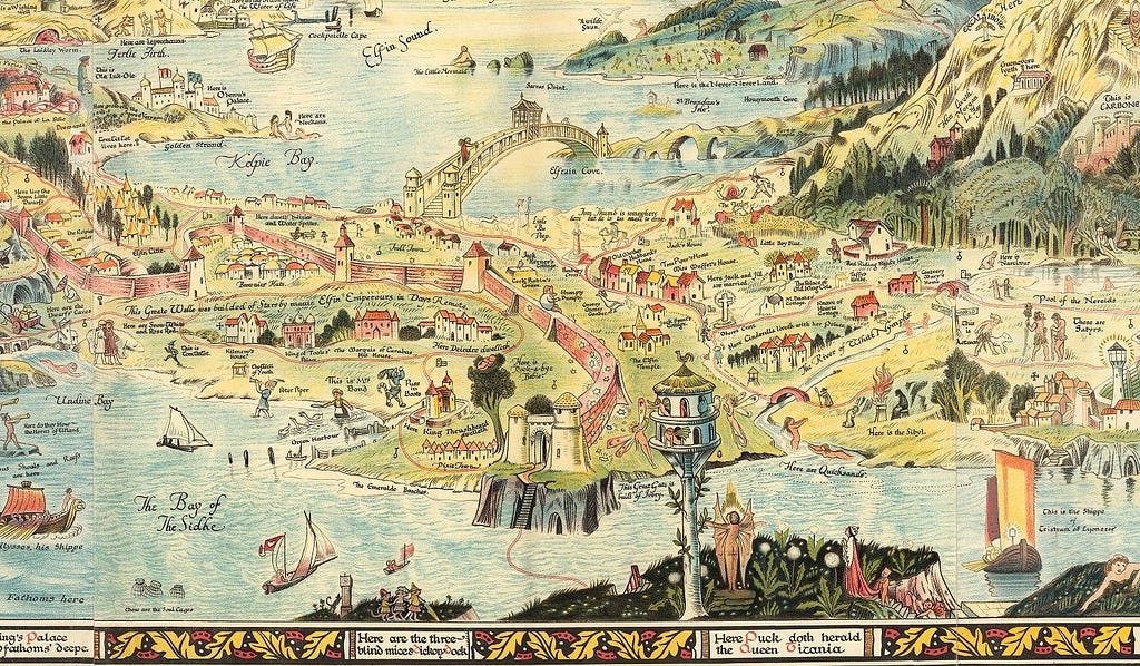 Decorative, coloured pictorial map showing characters from books, fairies and mythical creatures in a fantasy landscape, surrounded by mountains and sea.