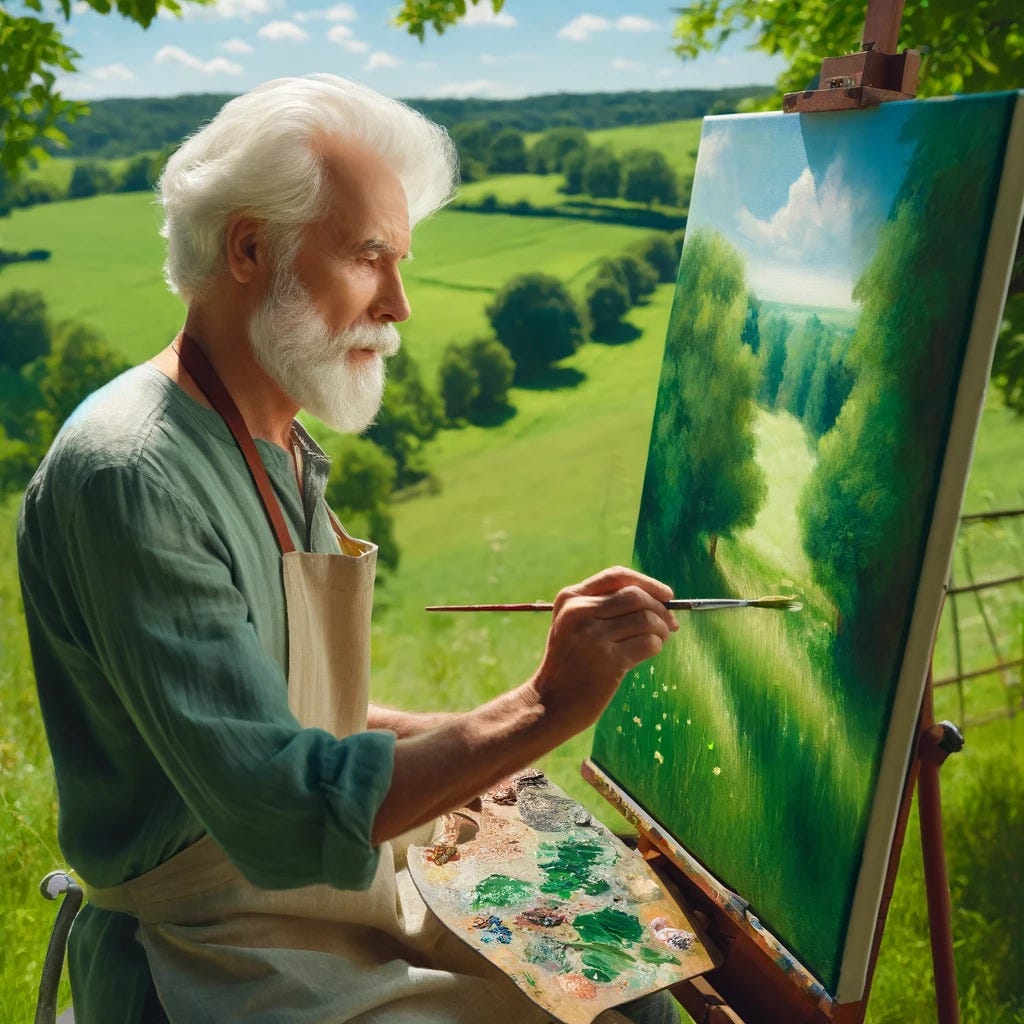 Elderly man painting a beautiful green scenery on a canvas. The man is focused and serene, with white hair and a beard.