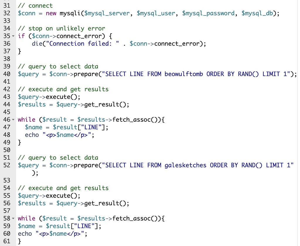 30 lines of project PHP & SQL code, including server connection, querying database tables, and executing and echoing results.