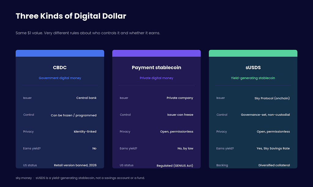 Three side-by-side comparison cards for CBDC, payment stablecoin, and sUSDS, comparing issuer, control, privacy, and whether each earns yield, with sUSDS shown as governance-set and yield-generating.