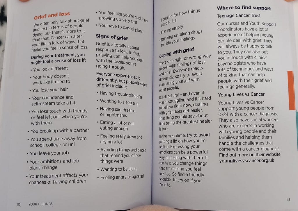 A page spread from a book by the Teenage Cancer Trust showing lots of bullet points and white space. Headings include ‘signs of grief’ and ‘where to find support’