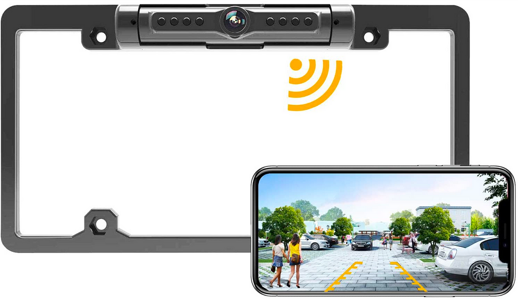 License plate frame with attached camera, connected to phone app.