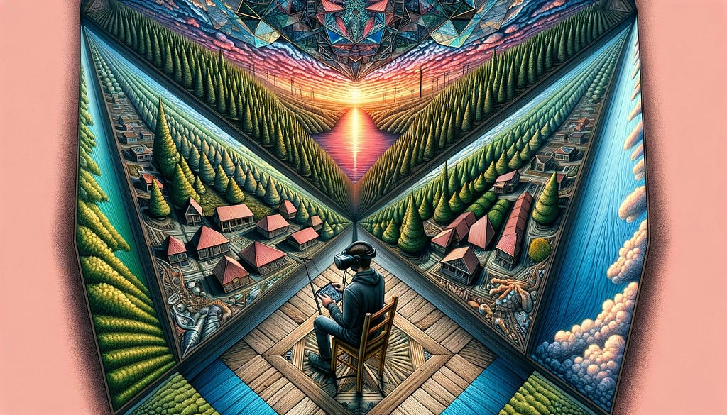 Here is the image depicting a landscape with a six-point perspective, as viewed from the perspective of a person sitting on a chair with a VR headset. The scene includes houses, forests, and lakes, all rendered in a surreal manner characteristic of six-point perspective. This creates a highly abstract and distorted view, with elements extending in various directions, challenging traditional spatial perceptions. The image conveys the immersive and intense experience of exploring a virtual environ