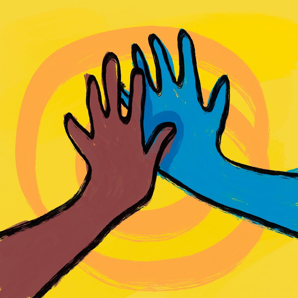 Illustration of two hands coming toegther, about to touch.