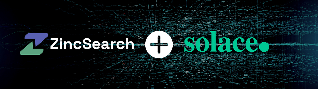 ZincSearch and Solace logos on an abstarct tech background.