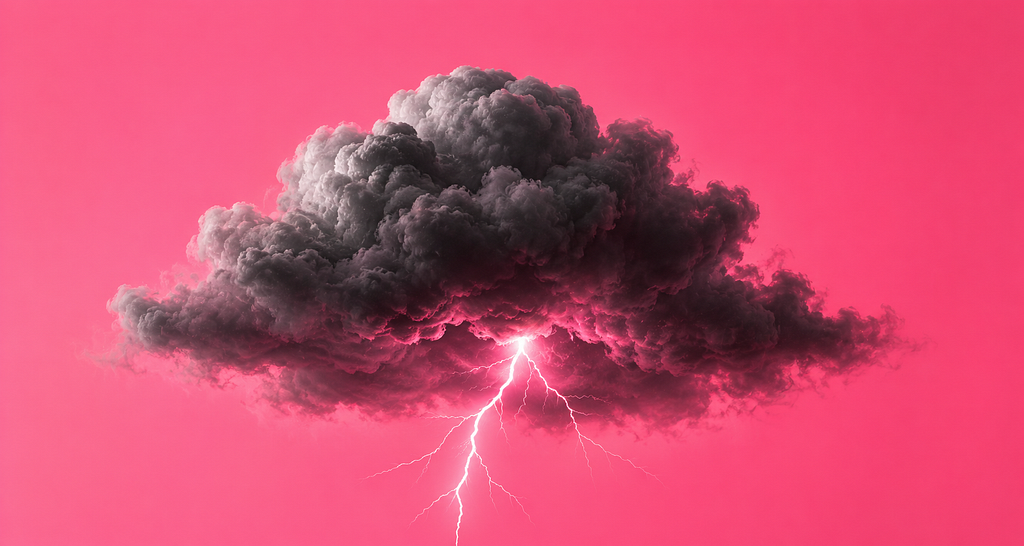 A dark storm cloud releases a bright lightning bolt against a vivid pink background.