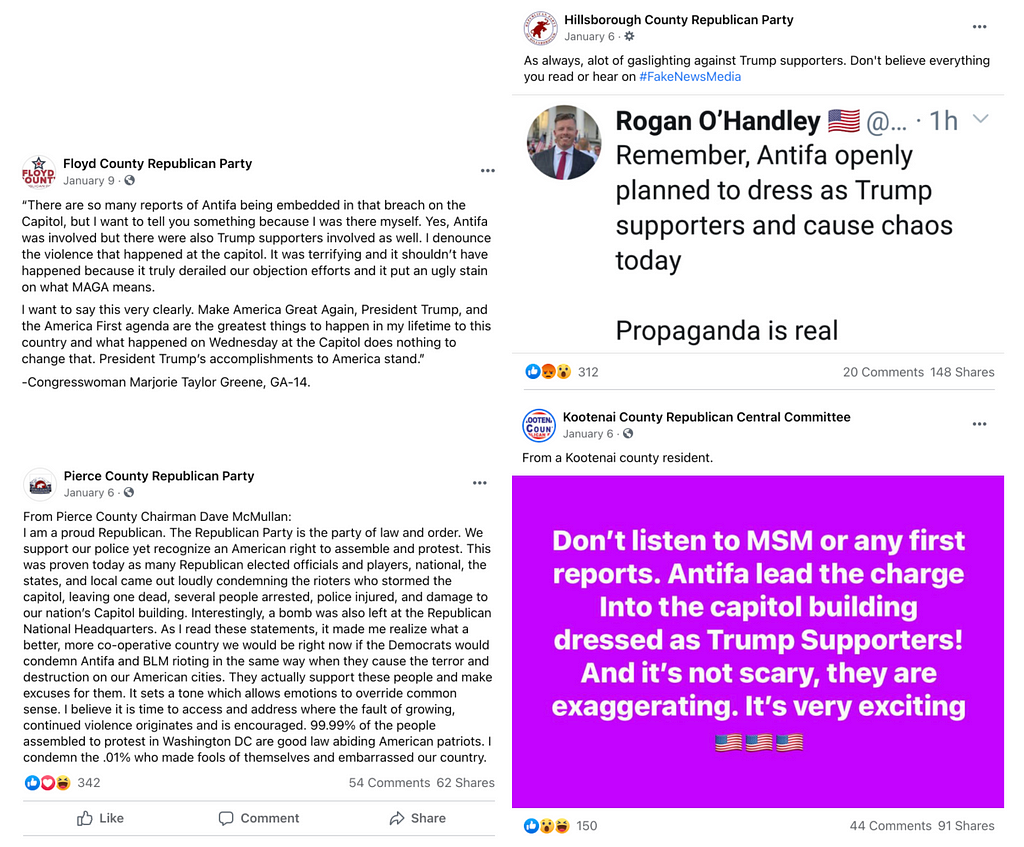 Four screenshots of Facebook posts from local Republican pages. Three claim that antifa was involved in the invasion of the capitol building, the fourth discusses the protests over the summer as a way to lessen what happened in the capitol.