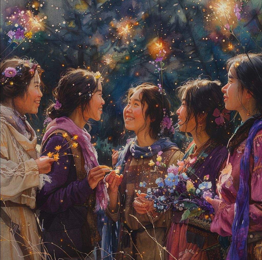 Painting of 5 women smiling and engaged with each other with stardust and light in background