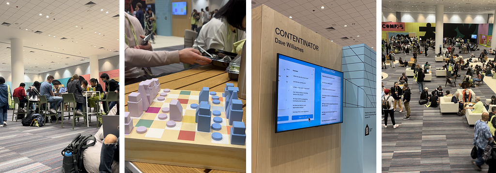 A collection of pictures from the lobby area of the conference. There are some people sitting around a table working on their laptops, a chessboard in a pastel aesthetic, a snapshot of one of the booths in the Figma Ecosystem Area, and another picture of the crowd in the lobby