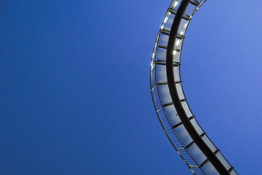 Looking up at the art installation Tiger & Turtle. Duisburg, Germany, August 28, 2023.