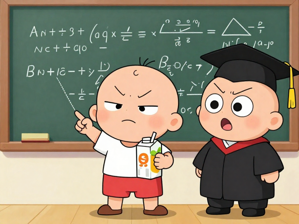 Cartoon toddler holding a juice box beating a PhD at forecasting on a chalkboard