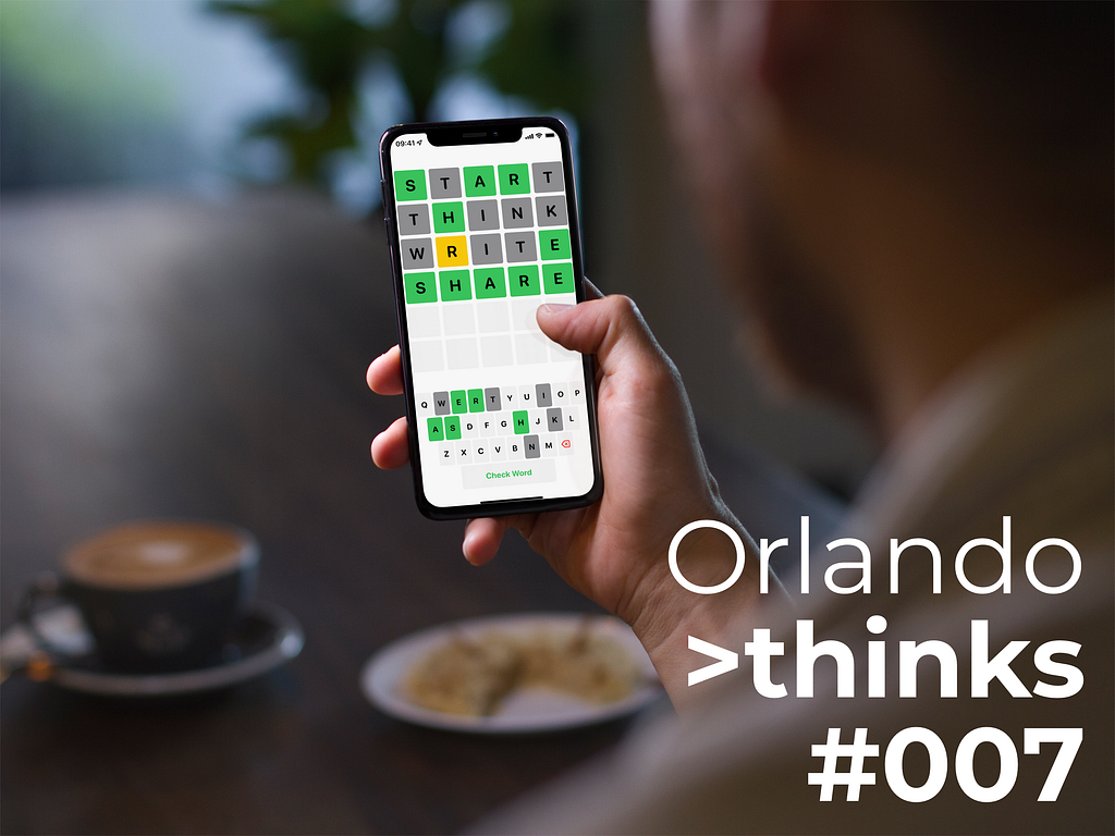 A man playing “Wordle” on an iPhone and the title art of the article “Orlando thinks #007”