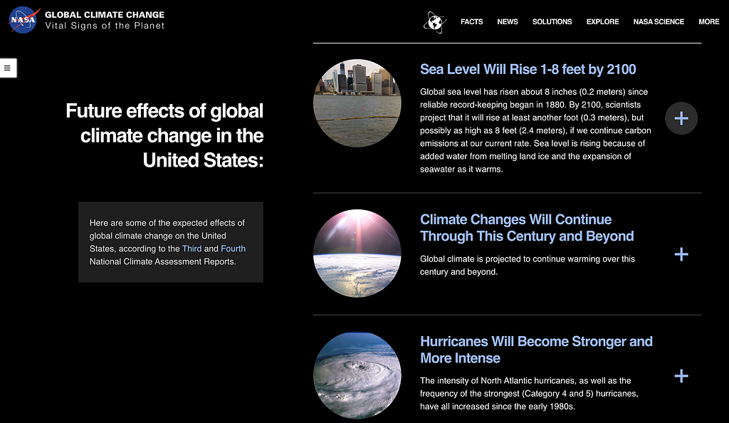 Screenshot of NASA Climate Change website. Written is Future effects of global climate change in the United States: Sea level will rise 1–8 feet by 2100; Climate changes will continue through this century and beyond; hurricanes will become stronger and more intense