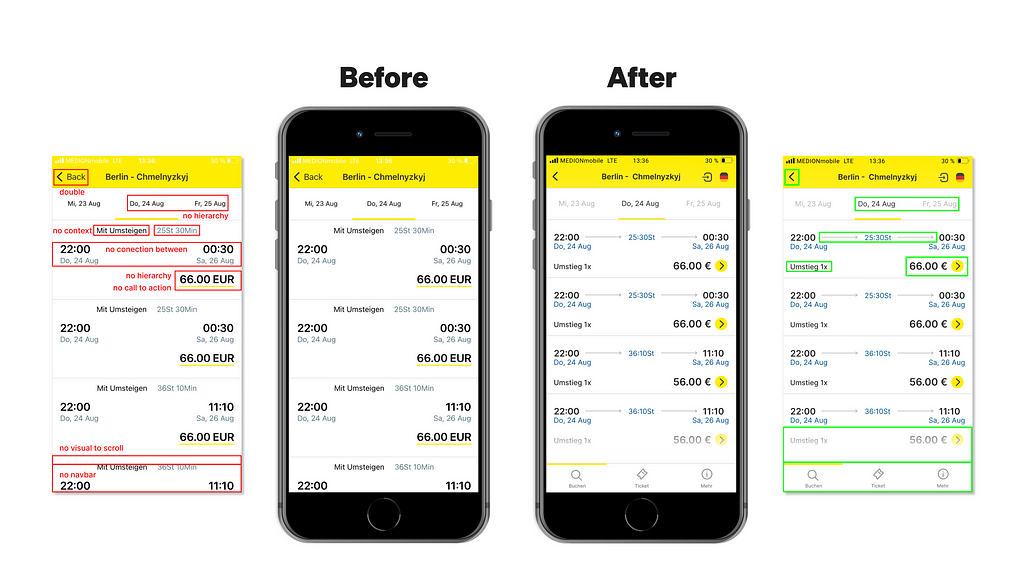 Before After change of redesigned app
