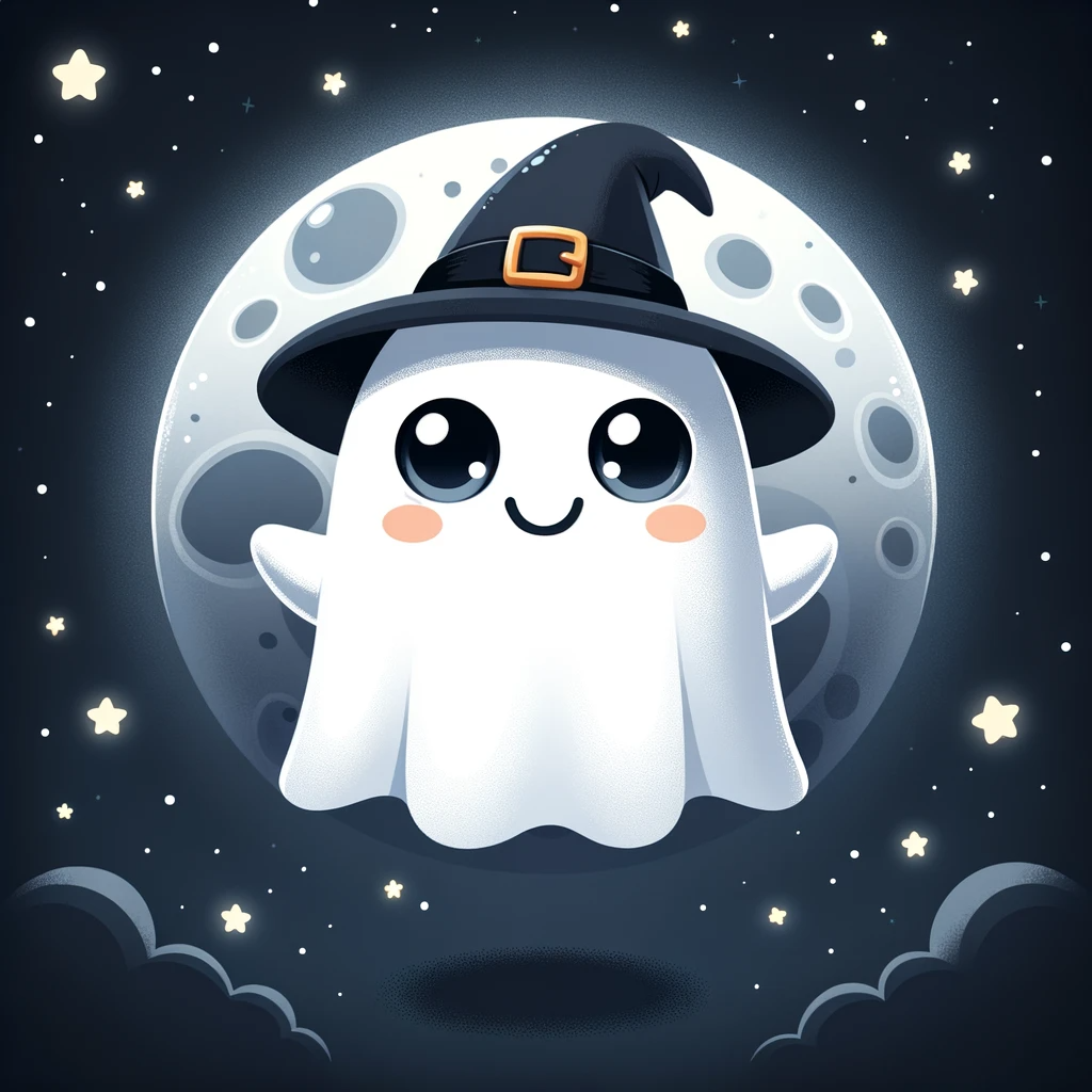 Photo of a cute ghost cartoon character floating against a dark, moonlit sky. The ghost has big round eyes, a cheerful smile, and tiny little hands. It’s wearing a tiny witch hat and is surrounded by glowing stars.