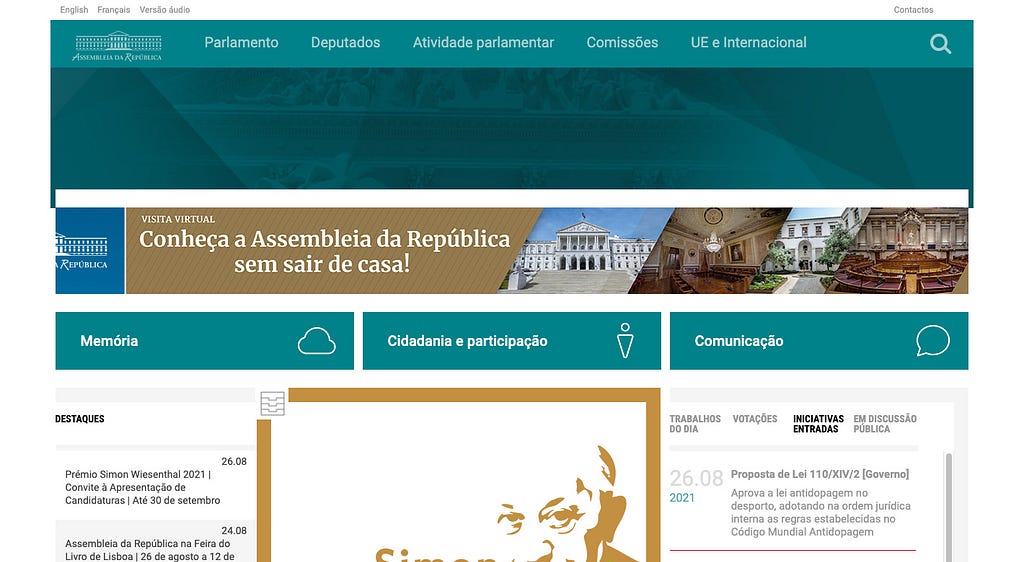 Homepage of portal Assembleia da República