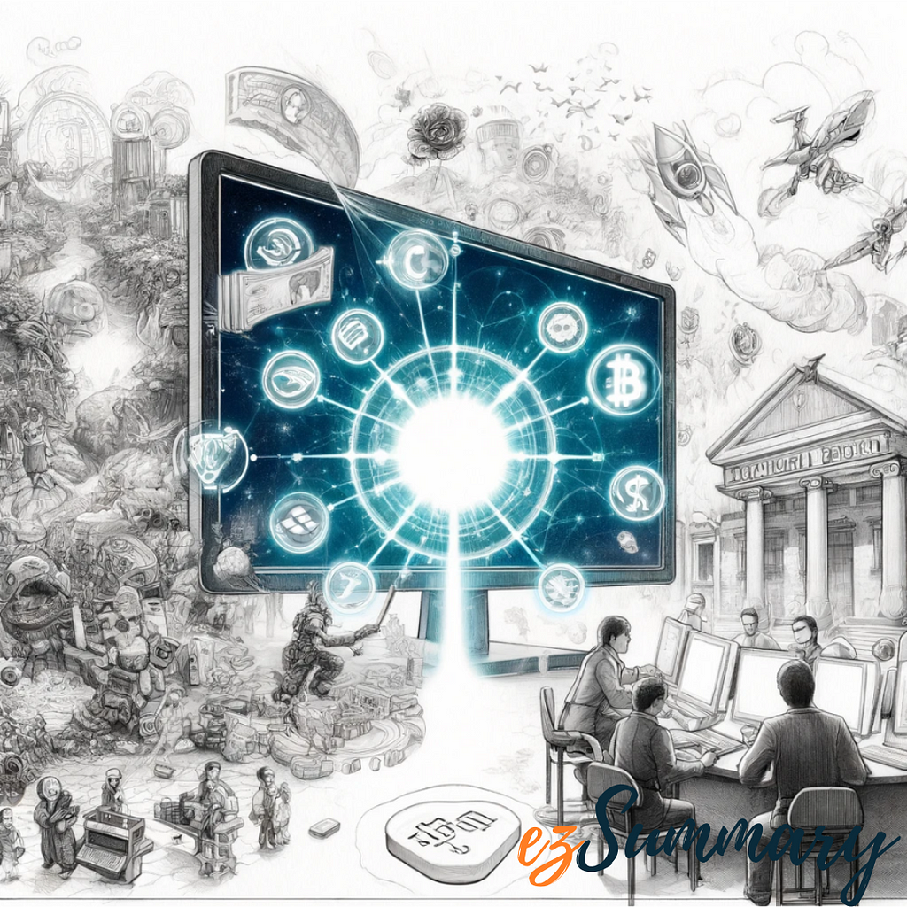 Black and white pencil sketch showing the fusion of a vibrant video game world with traditional banking, highlighting digital assets transforming into real currency.