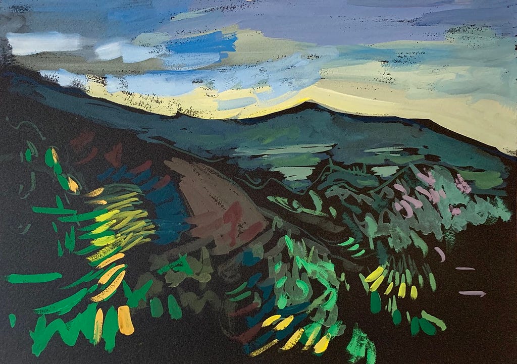 Painting by Tracey Halvorsen depicting dusk settling over the vineyards of Italy.