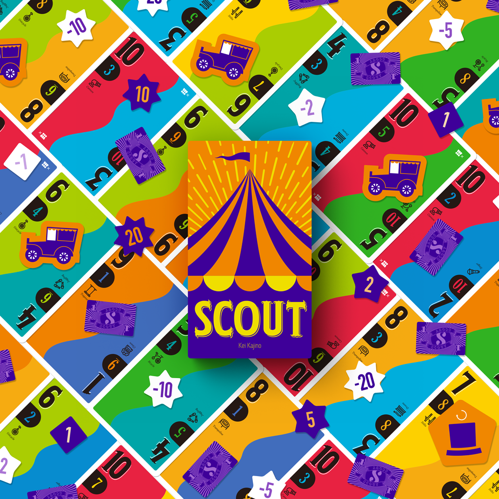 A picture of the “Scout” card game, with the box art in front and several of the cards and tokens alongside it.