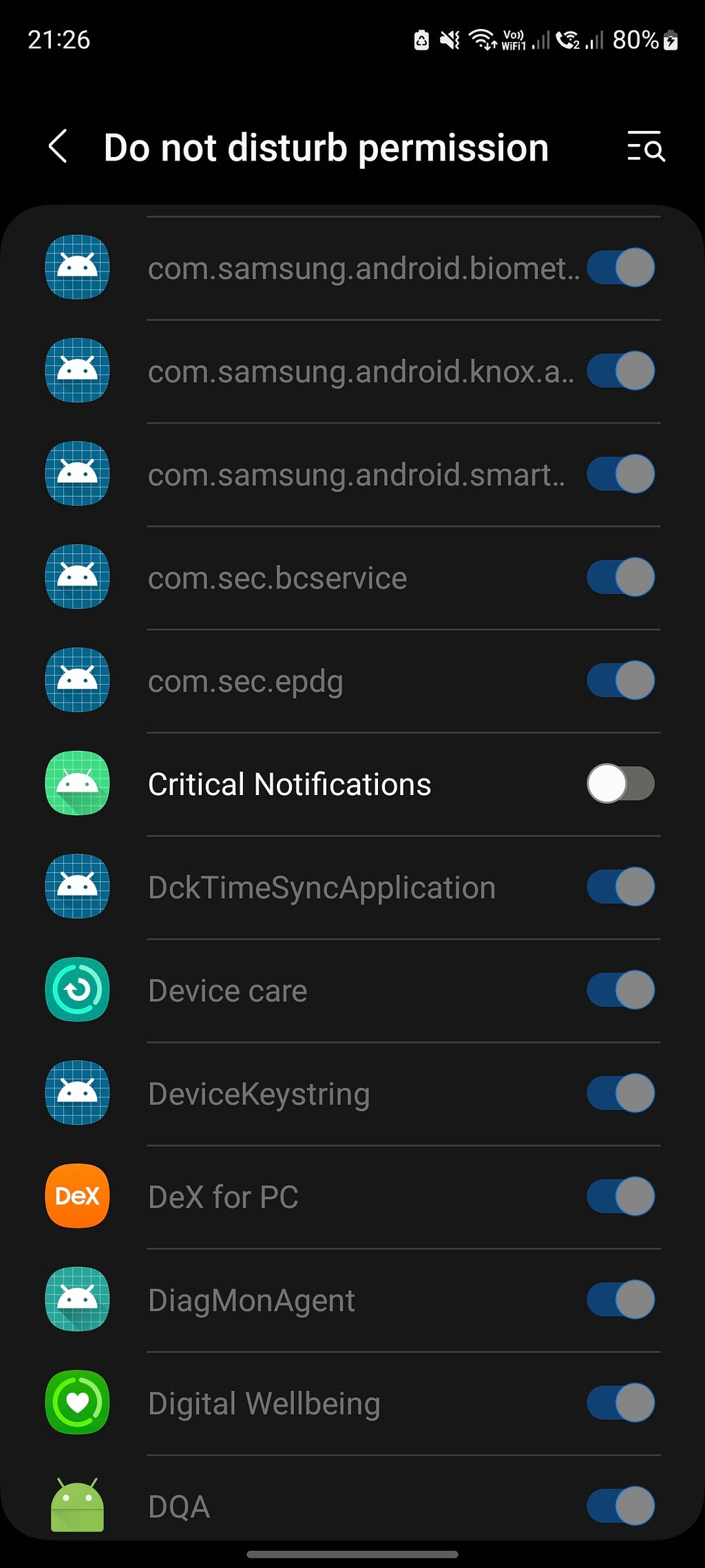 System settings screen which shows list of apps that requested Do not distrurb permission.