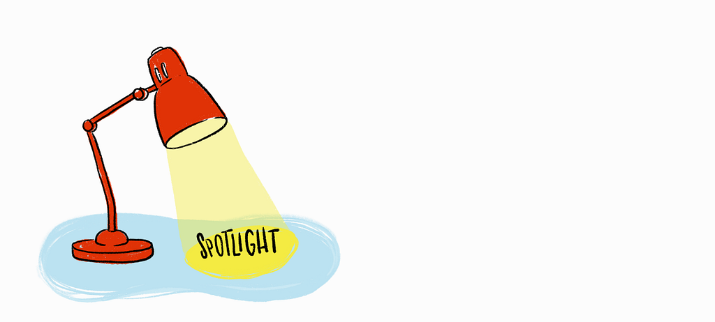 a drawing of a desk lamp shining a light with the word Spotlight in its beam