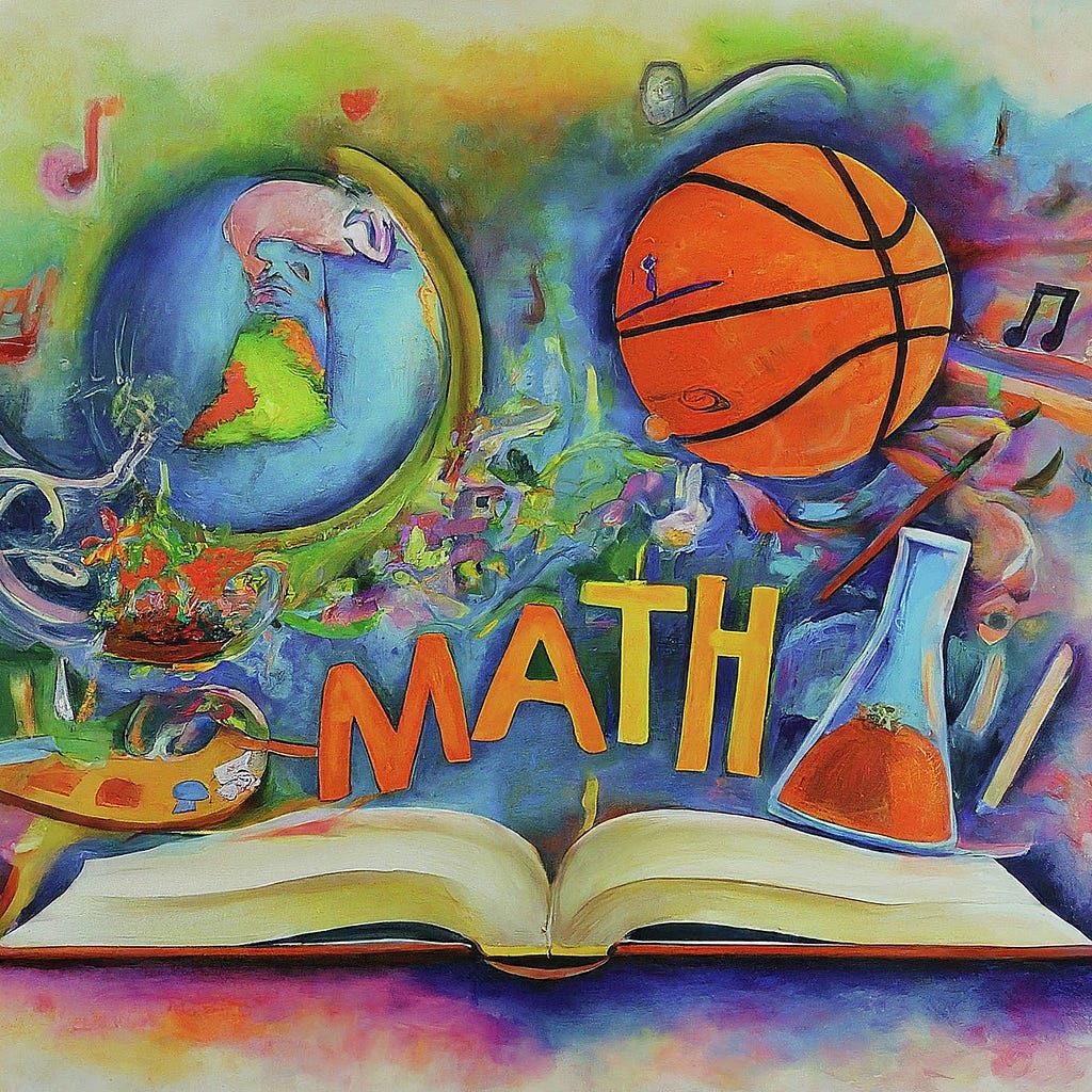 The word “MATH” is coming out of an open book. Surrounding the book is a beaker, a basketball, a globe, a paint pallet, and music notes. Created with Gemini.