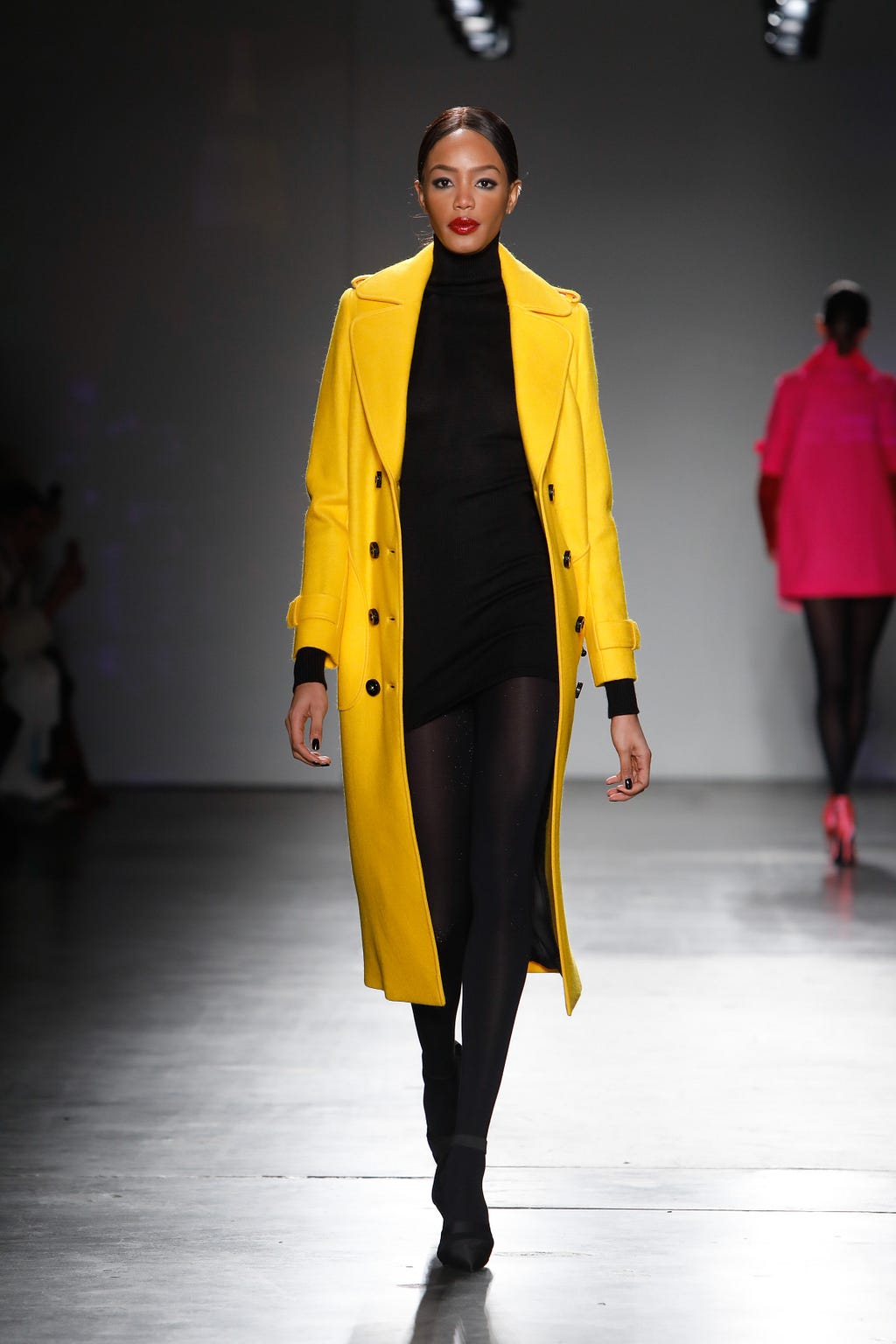 Taxi Cab Yellow Wool Felt Signature Trench, Black Handloomed Cashmere/Silk Ribbed Turtleneck Mini Dress