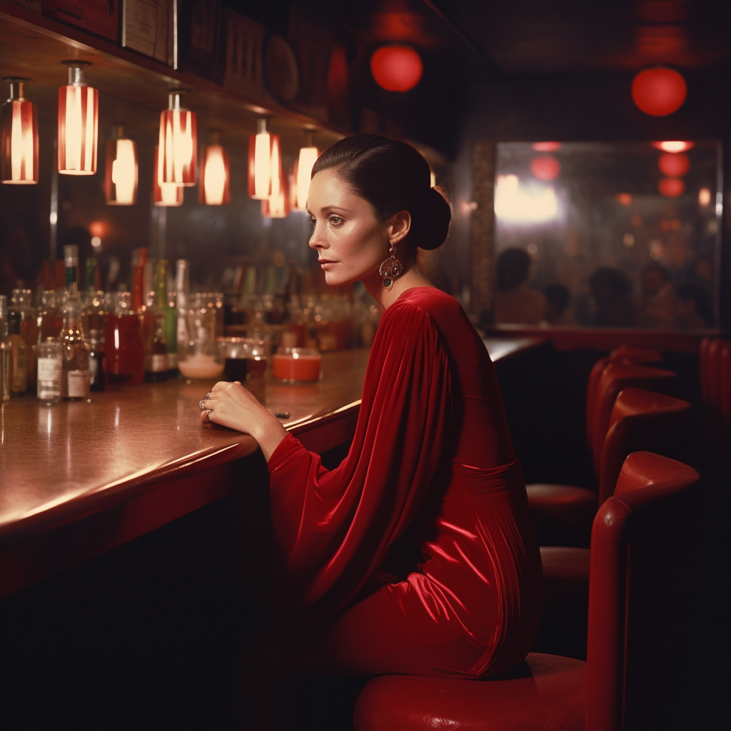 AI-generated image of a woman in a red velvet dress sitting at a bar, evoking a 1970s New York City atmosphere with Midjourney