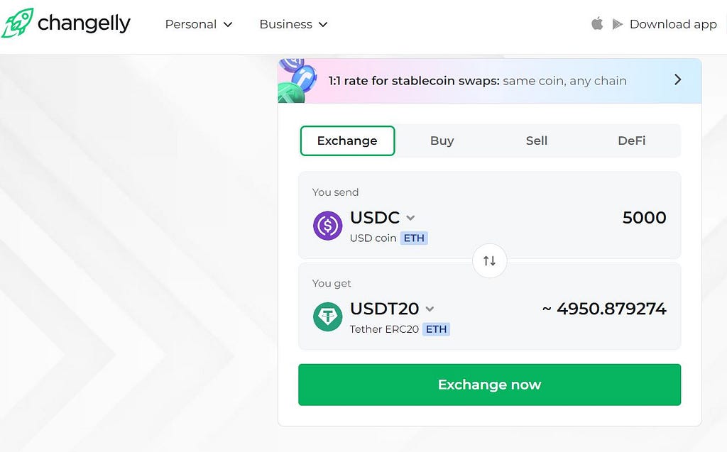 Convert USDC stablecoin with Changelly