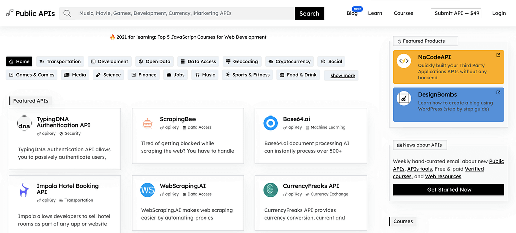 A screenshot of the Public APIs platform