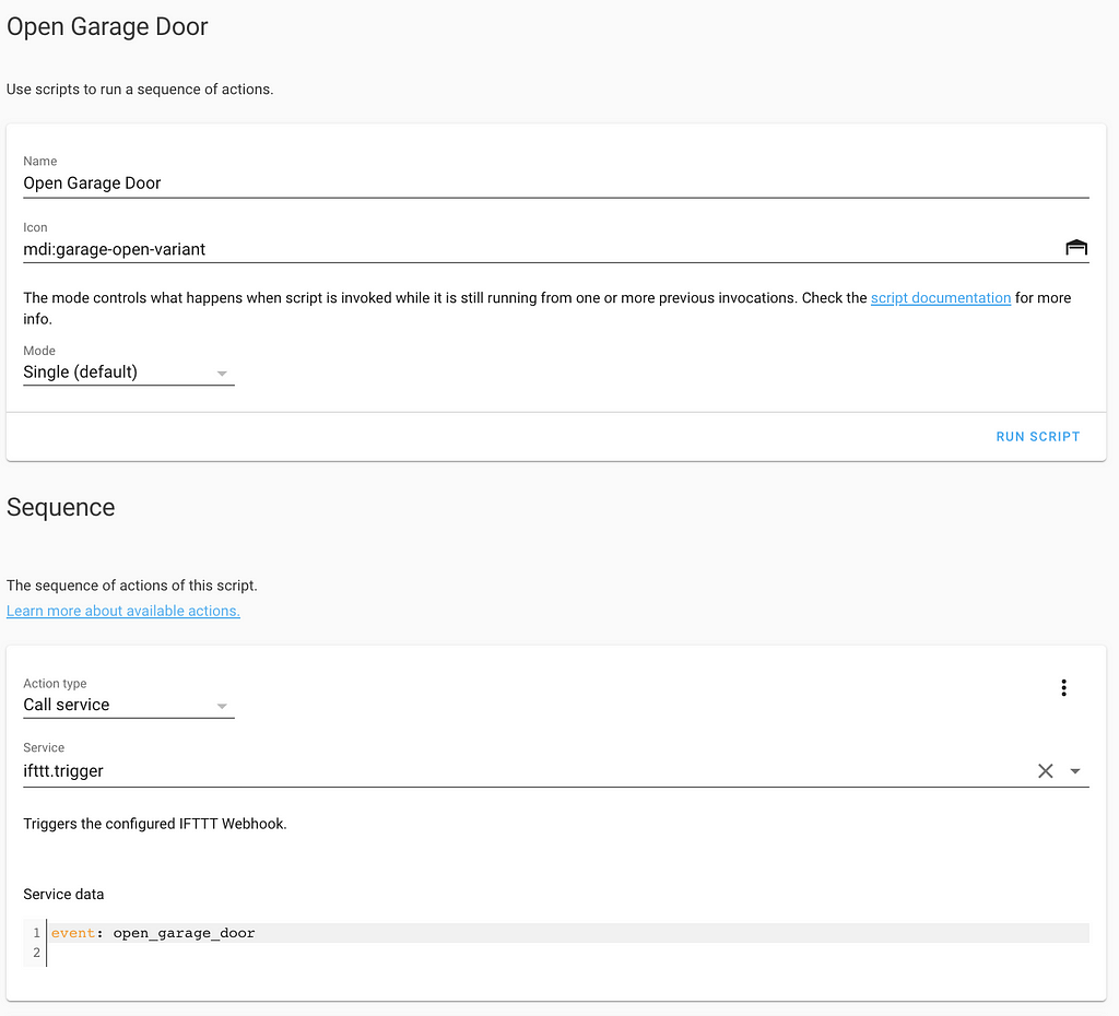 Open Garage Door script in Home Assistant visual editor