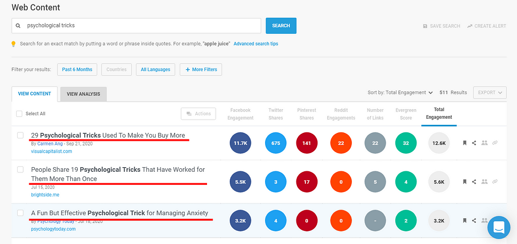 This picture shows content ideas from BuzzSumo for the term “psychological tricks”