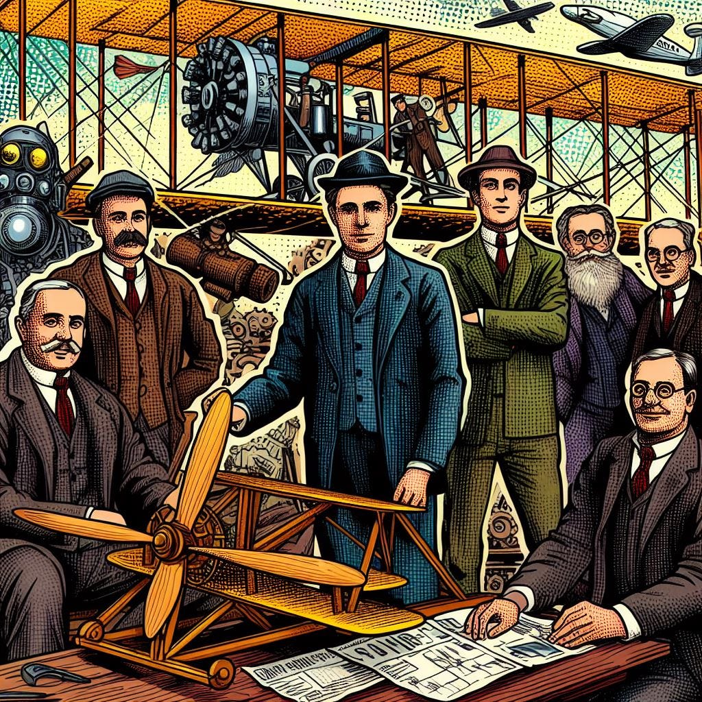 i fratelli Wright insieme ai loro collaboratori che cercano di far volare il primo aeroplano